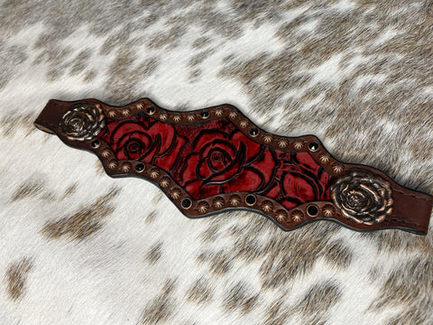 Bronc Noseband ~Red Rose with Copper Spots and Black Gems~Waco Shape