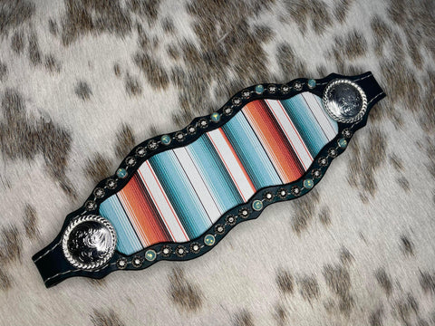 Bronc Noseband~Aqua Green Leather/Sedona Serape with Silver spots and Teal Gems~Laredo