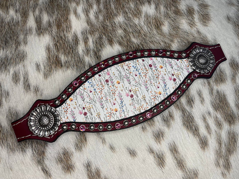 Bronc Noseband~Maroon Leather/Multi Floral with Silver Spots and Pink Gems~Laramie